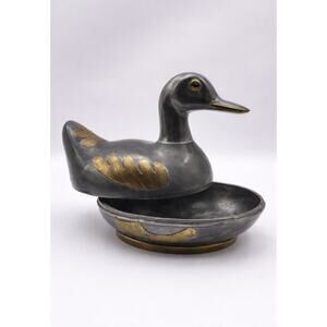 Vintage Metal Duck Trinket Box Gray Brass Bird Figurine Hinged Container